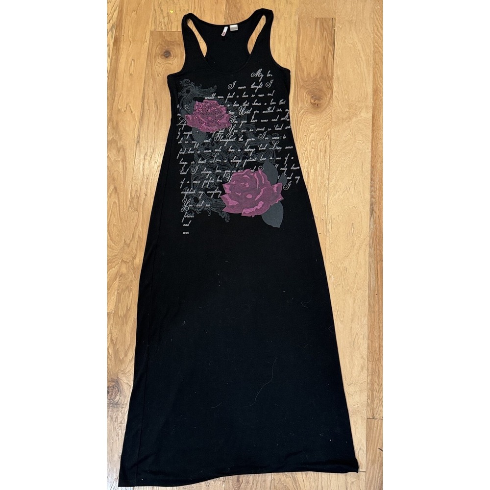 Bintage Bongo Tank Dress Womens Small Maxi Black Knit With Floral Graphic Y2K